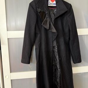 Elegant Black Coat with beaded button and Ruffle Detail